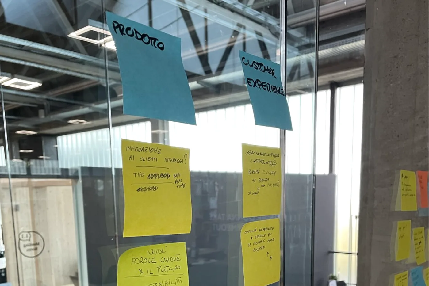 Muro di post-it durante una sessione di discovery: colonne prodotto e customer experience